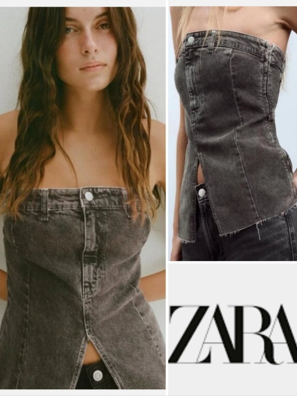 Zara Strapless Denim Split Front Corset Top , Washed Charcoal